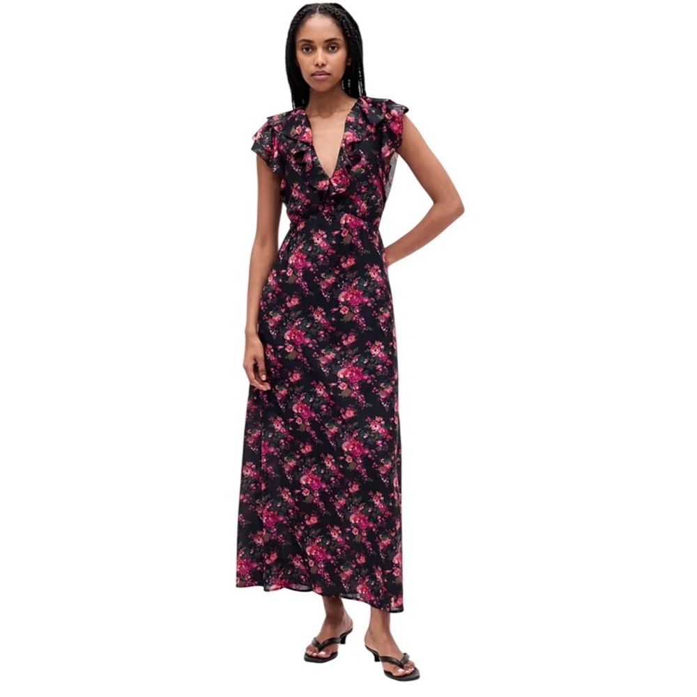 Gap Ruffle V-Neck Floral Maxi Dress Black Pink Large